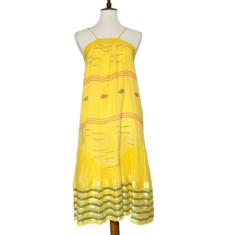 Kopal Women's Yellow Boho Striped Tiered‎ Midi Dress Size Medium